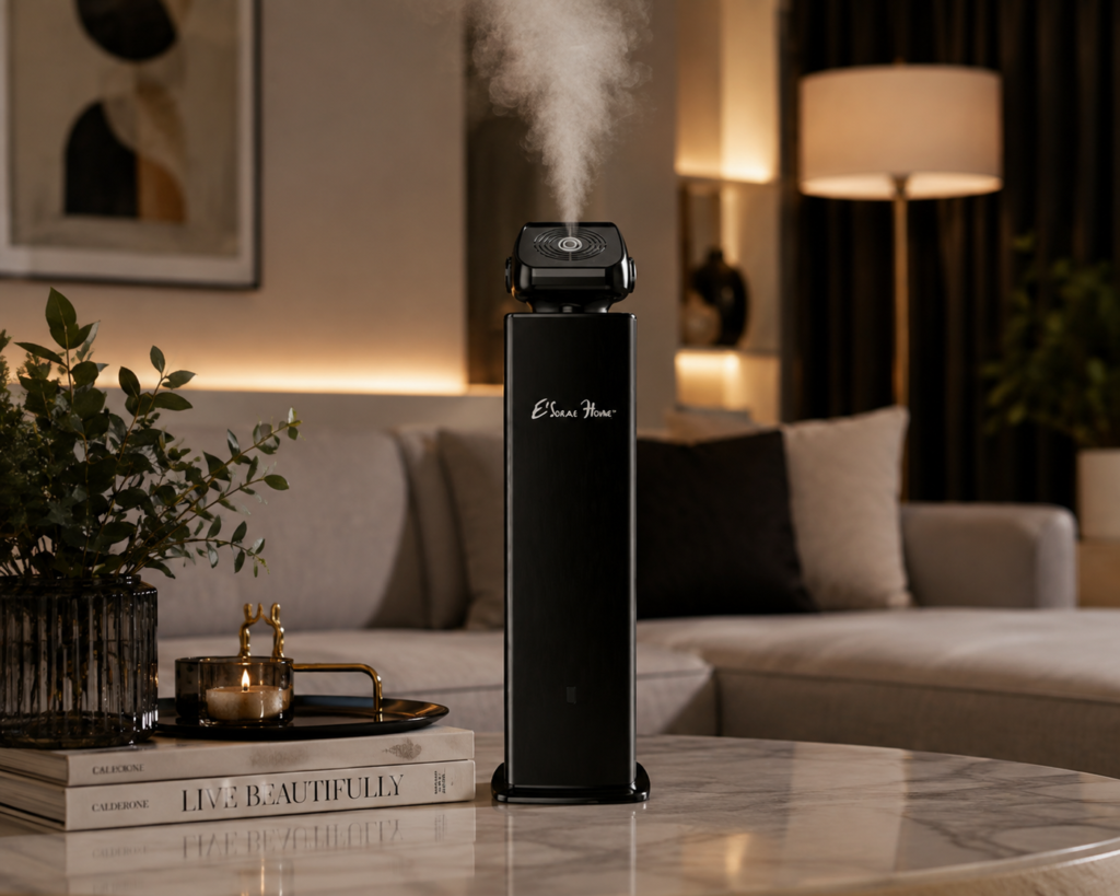 Mist diffuser machine releasing a fine mist in a modern living room
